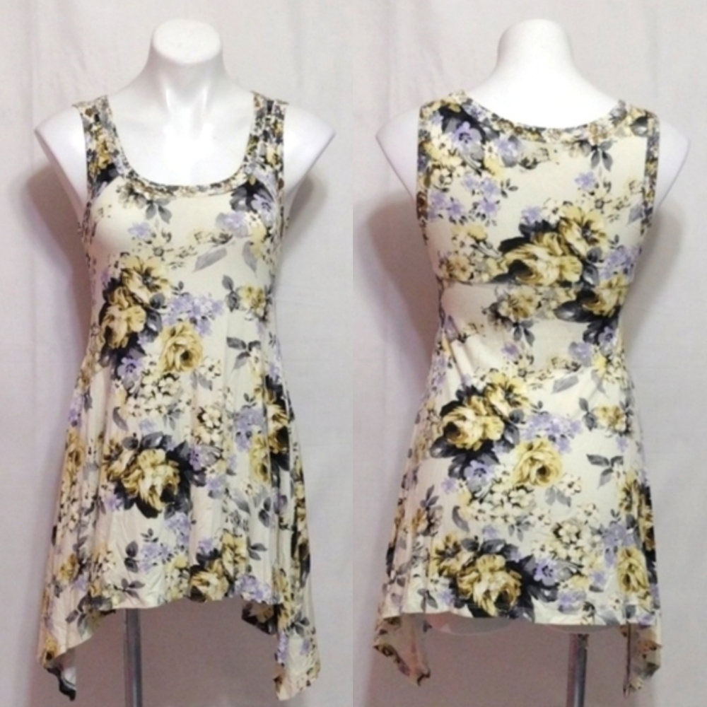 Karen Kane Floral Sleeveless Tunic Top S Lightweight Soft Designer Summer Blouse